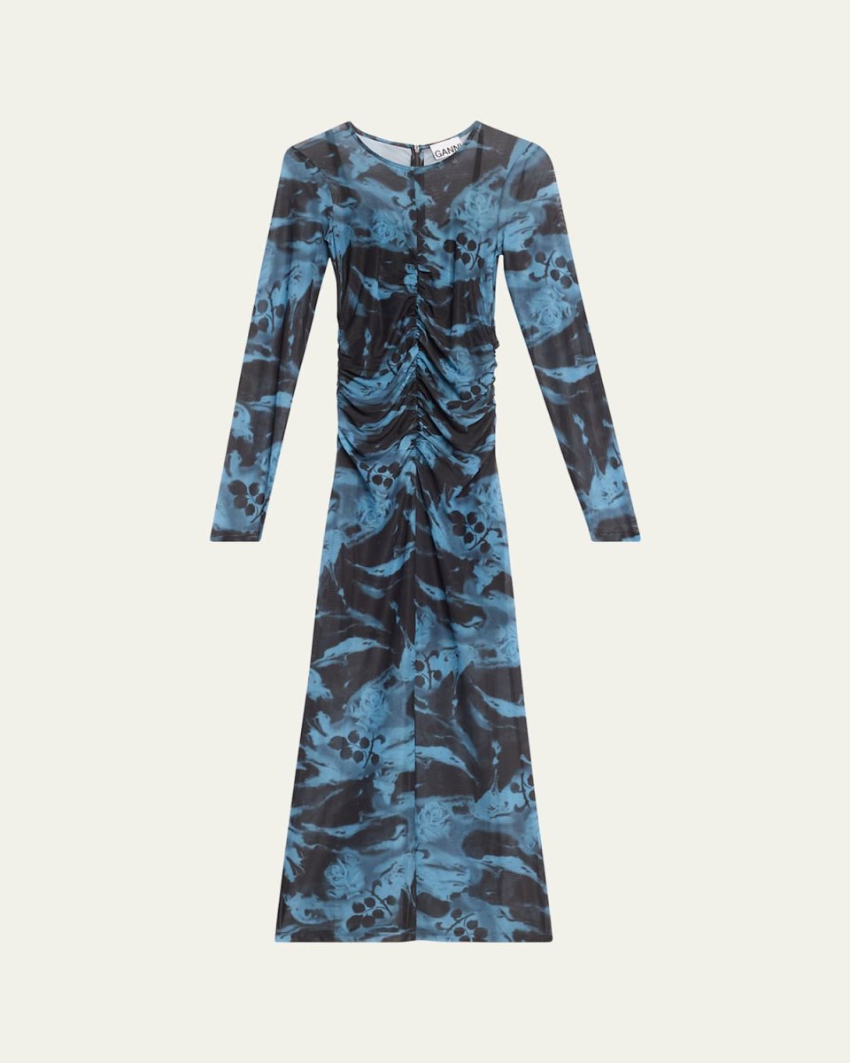 Long-Sleeve Ruched Mesh Maxi Dress
