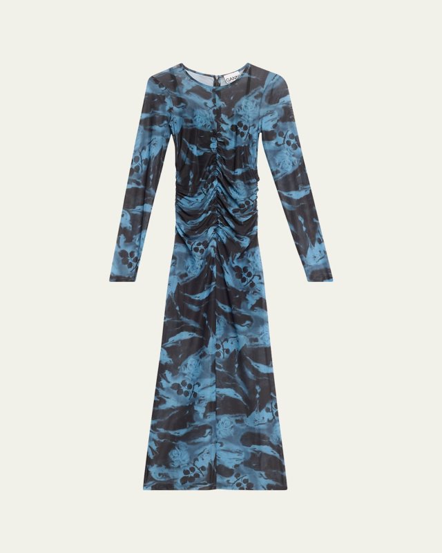 Long-Sleeve Ruched Mesh Maxi Dress