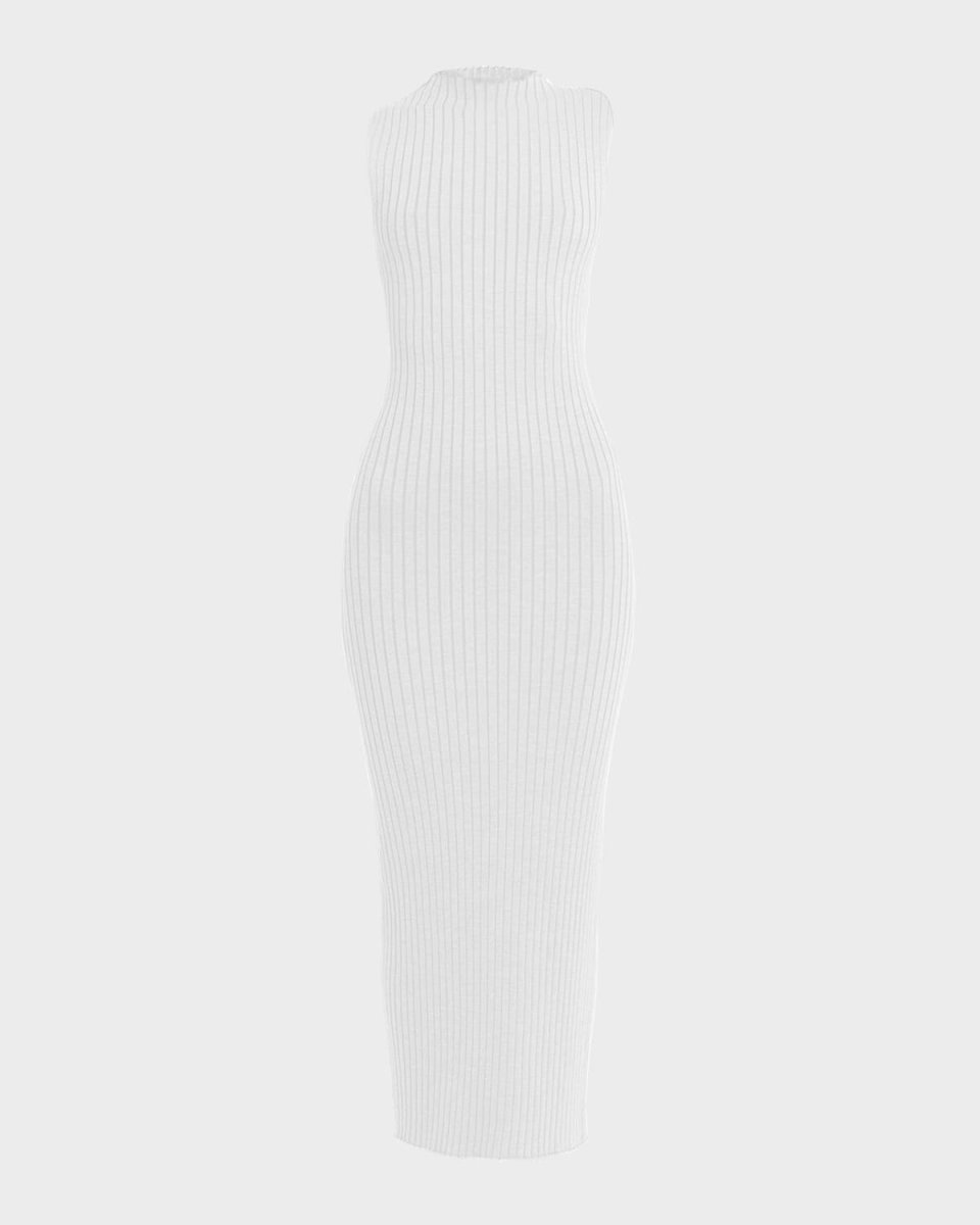 Rose Mock-Neck Sleeveless Wide-Rib Tea-Length Dress
