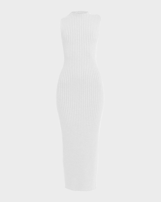 Rose Mock-Neck Sleeveless Wide-Rib Tea-Length Dress
