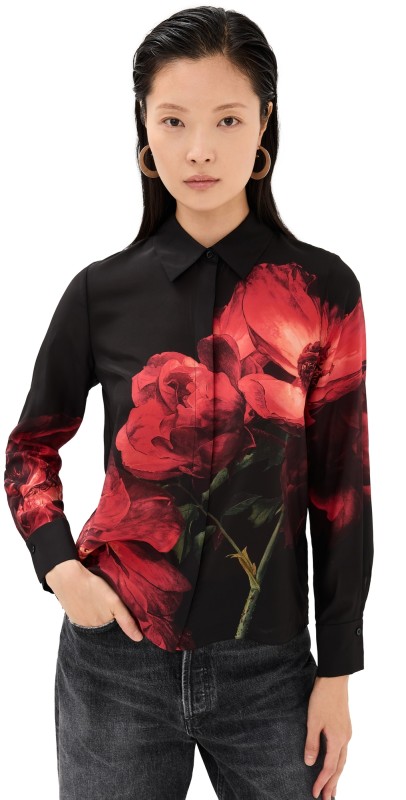 alice + olivia Brady Slim Button Down Shirt Peony Petals Bright Ruby