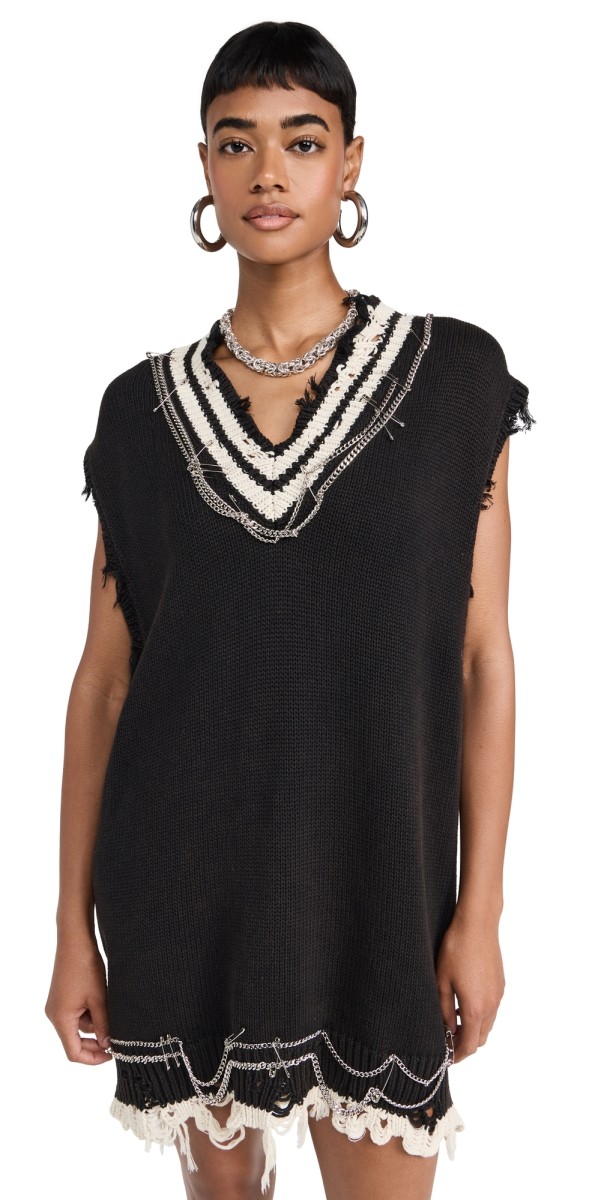 R13 Oversized Vest Dress with Chains Black And Ecru With Chains