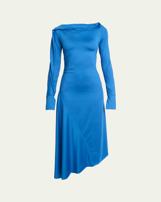 Asymmetric Long-Sleeve Draped Jersey Midi Dress