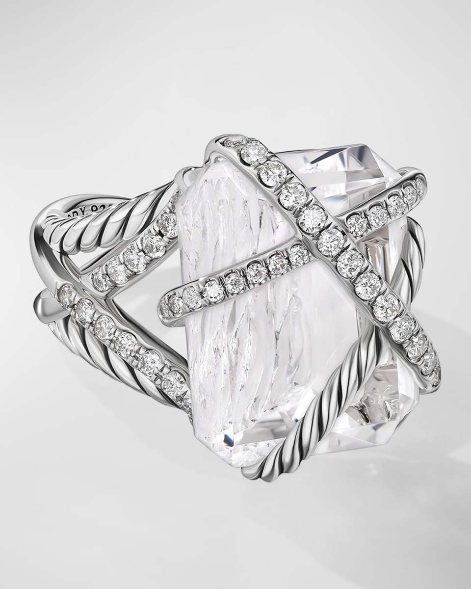 Cable Wrap Ring with Gemstone and Diamonds in Silver, 18x14mm