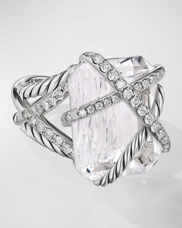 Cable Wrap Ring with Gemstone and Diamonds in Silver, 18x14mm