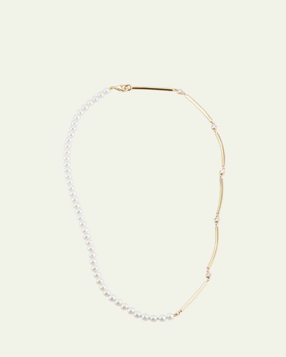 18K Yellow Gold White Freshwater Pearl and Diamond Gold Bar Necklace