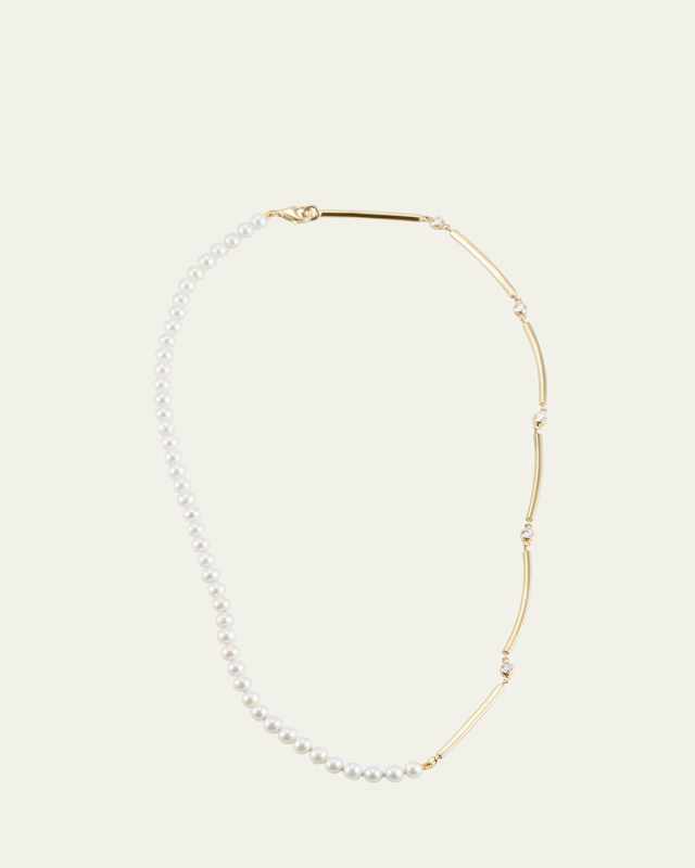 18K Yellow Gold White Freshwater Pearl and Diamond Gold Bar Necklace