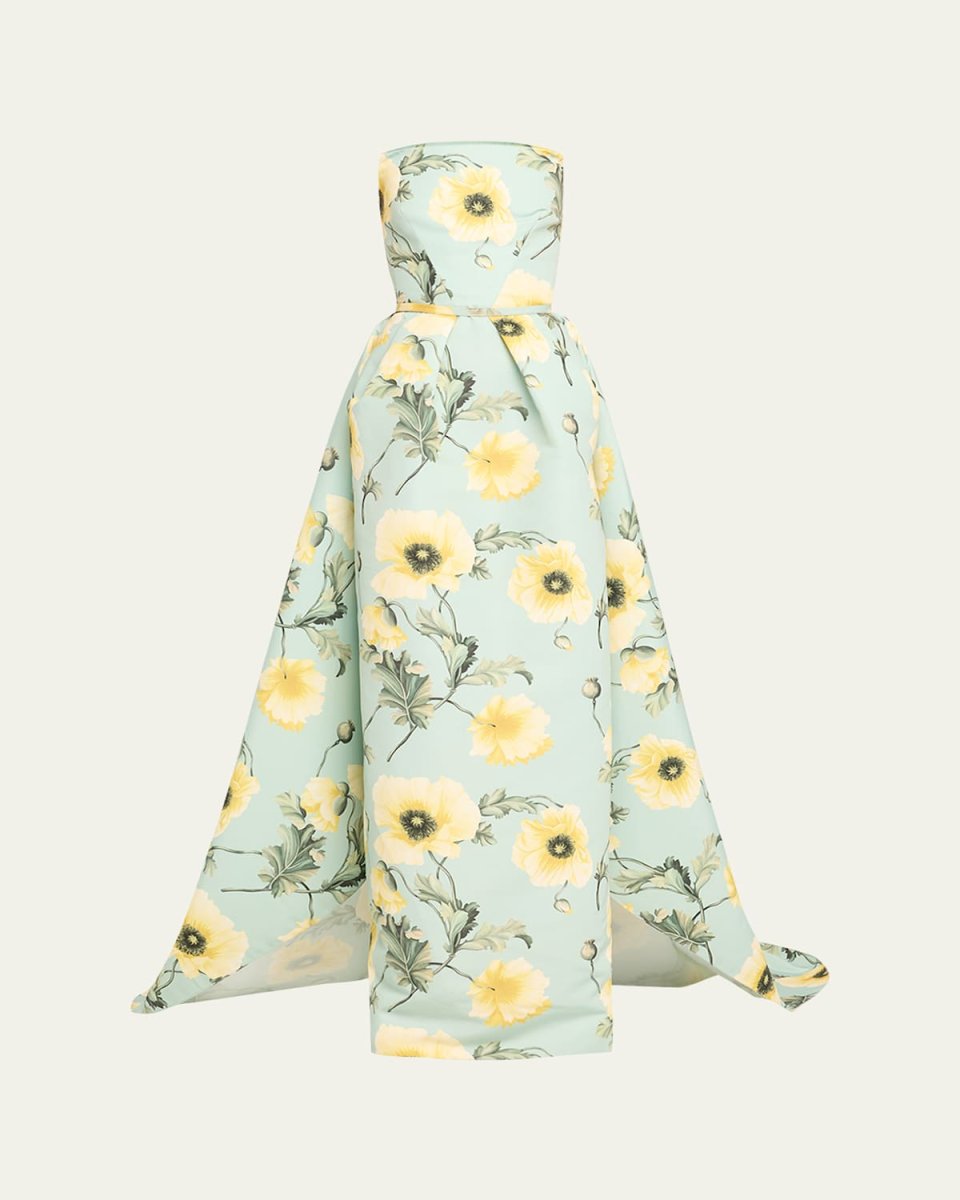 Poppies Print Faille Gown with Draped Train