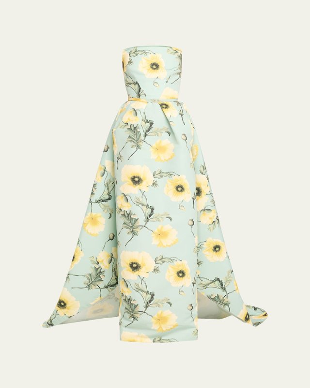 Poppies Print Faille Gown with Draped Train