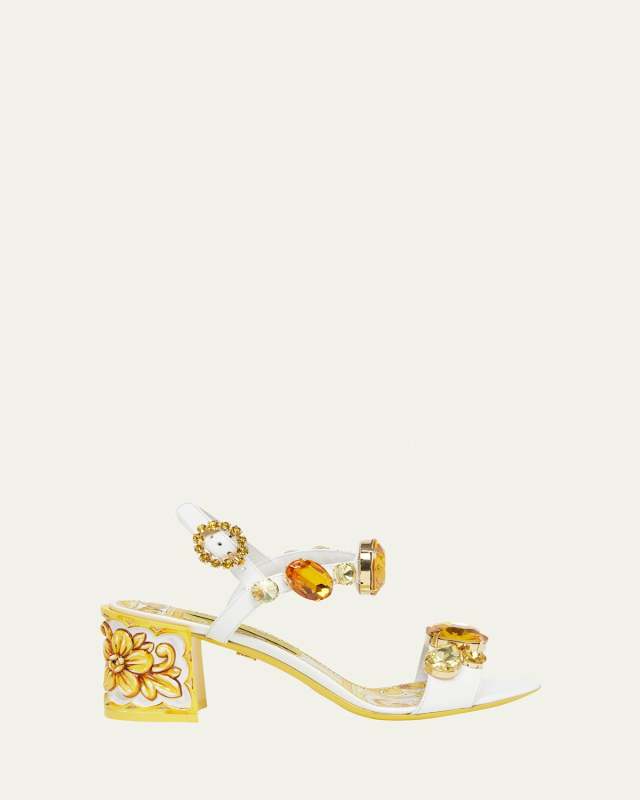 Stone Embellished Leather Block-Heel Sandals