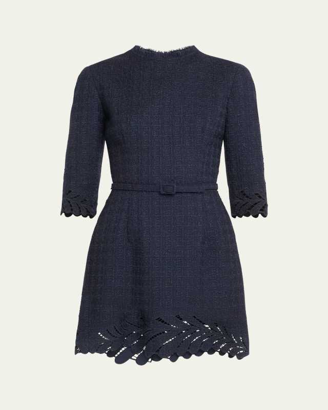 Fern Embroidered 3/4-Sleeve Belted Tweed Mini Dress