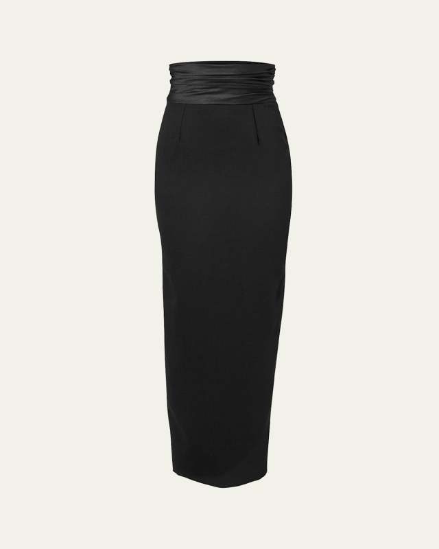 Long Wool Pencil Skirt with Cummerbund Waistband