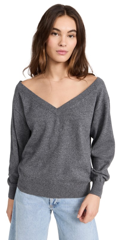 Alexander Wang V Neck Pullover with Illusion Tulle Dark Heather Grey