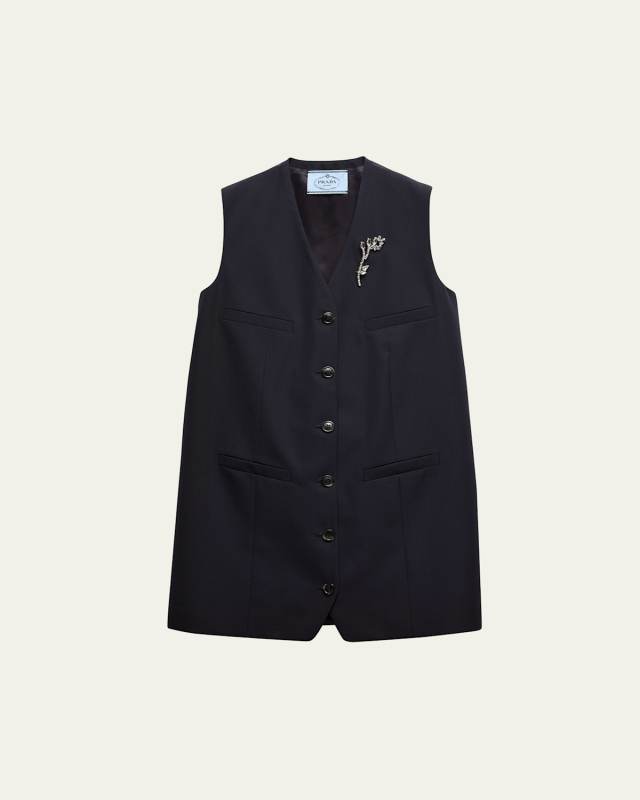 Mini Wool Gabardine Vest Dress with Jeweled Brooch