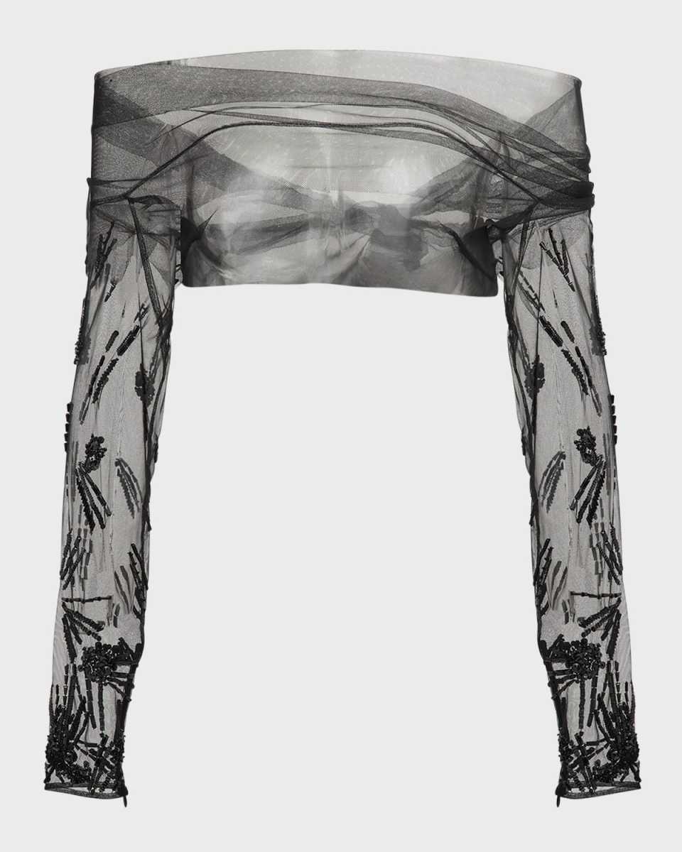 Sunray Bead Embellished Off-The-Shoulder Tulle Shrug