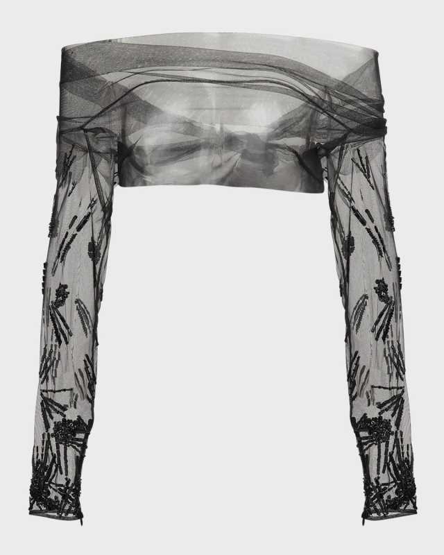 Sunray Bead Embellished Off-The-Shoulder Tulle Shrug