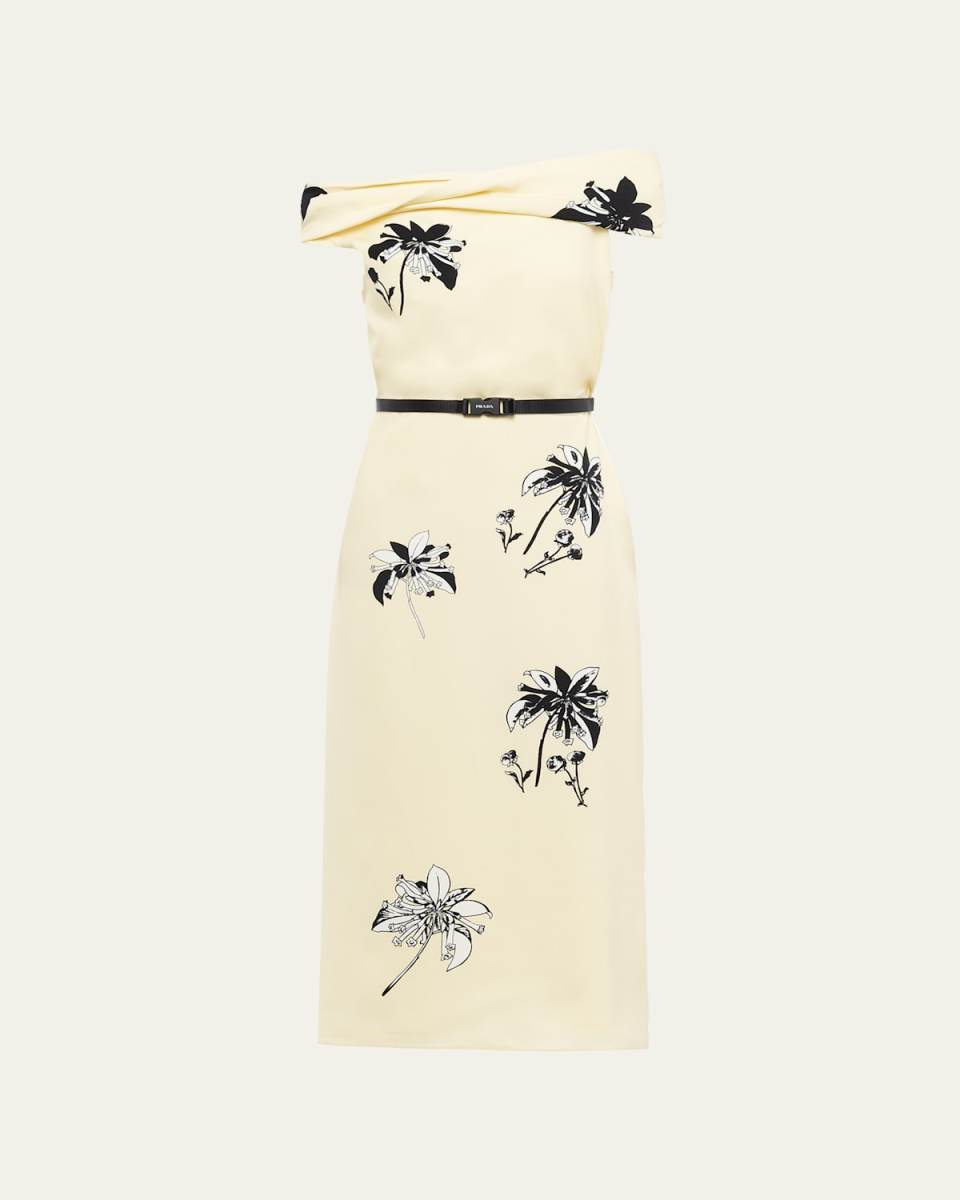 Off-The-Shoulder Floral-Print Belted Midi Dress
