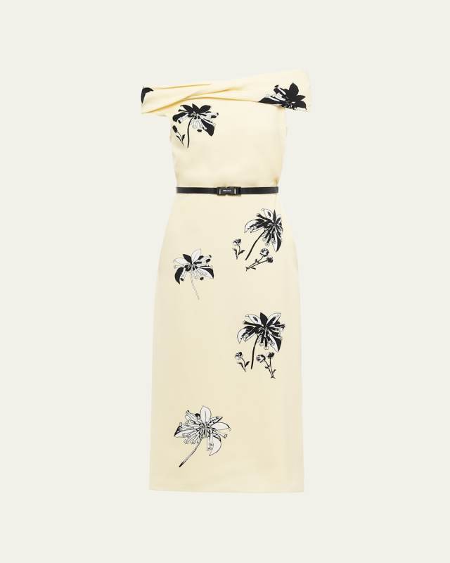 Off-The-Shoulder Floral-Print Belted Midi Dress