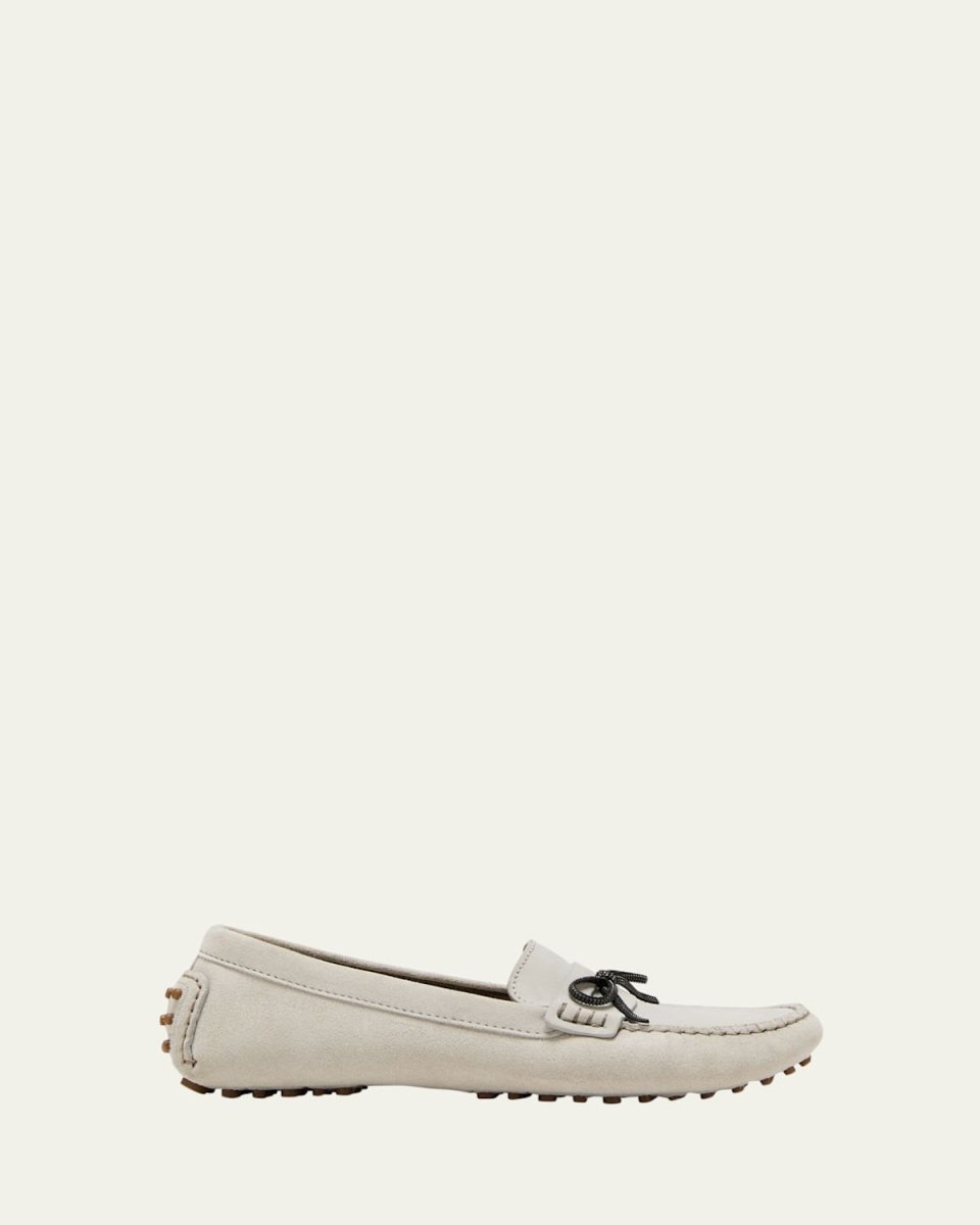 Suede Monili Bow Driver Loafers