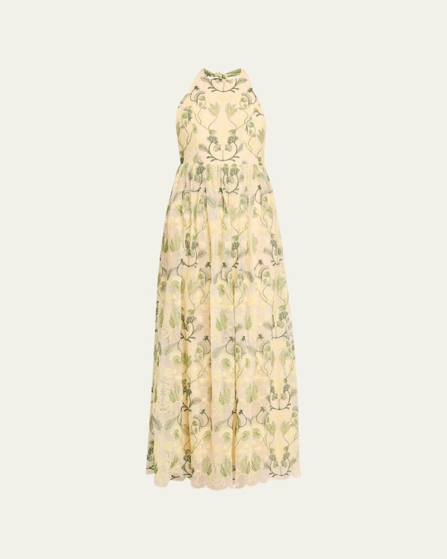 Acanella Embroidered Tie-Back Maxi Dress