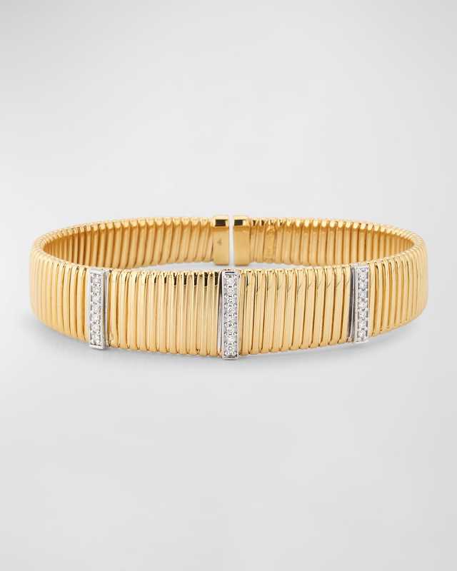 14K Yellow Gold Vertical Diamond Bar Fluted Cuff Bracelet