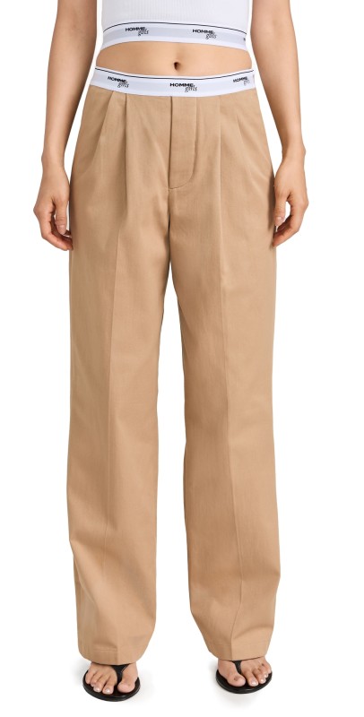 HOMMEGIRLS Pleated Elastic Waistband Pants Khaki