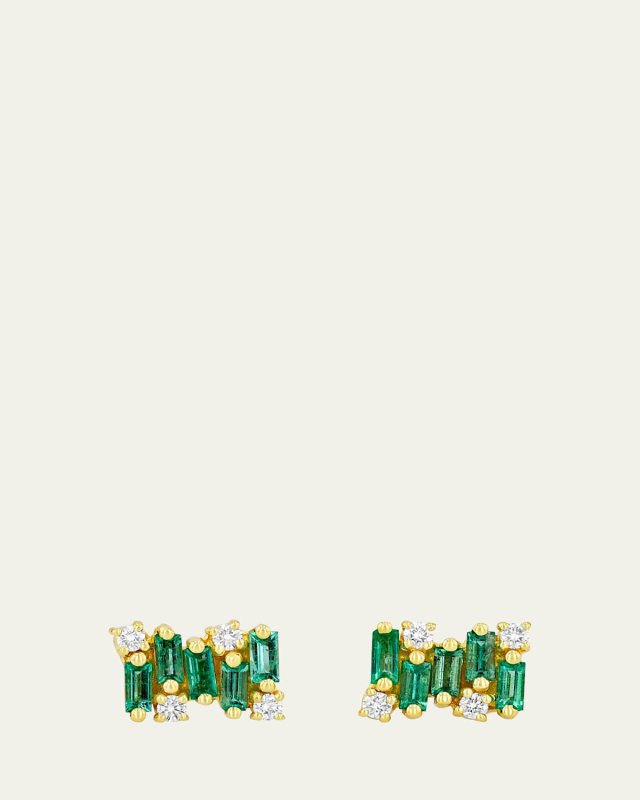 18K Yellow Gold Emerald and Diamond Earrings