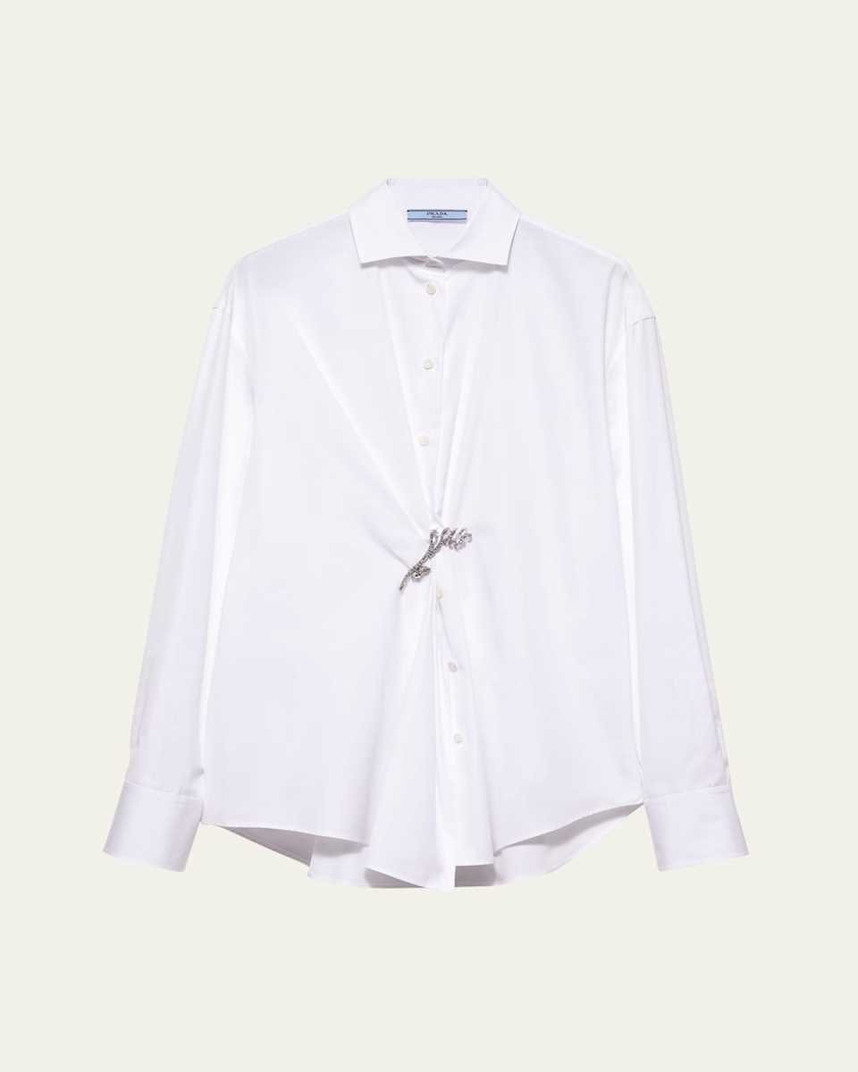 Crystal Brooch Poplin Button Down Top