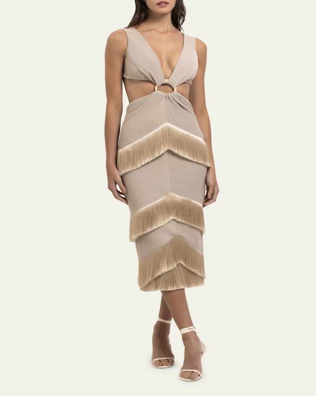 Cutout Metallic Knit Fringe-Trim Midi Dress