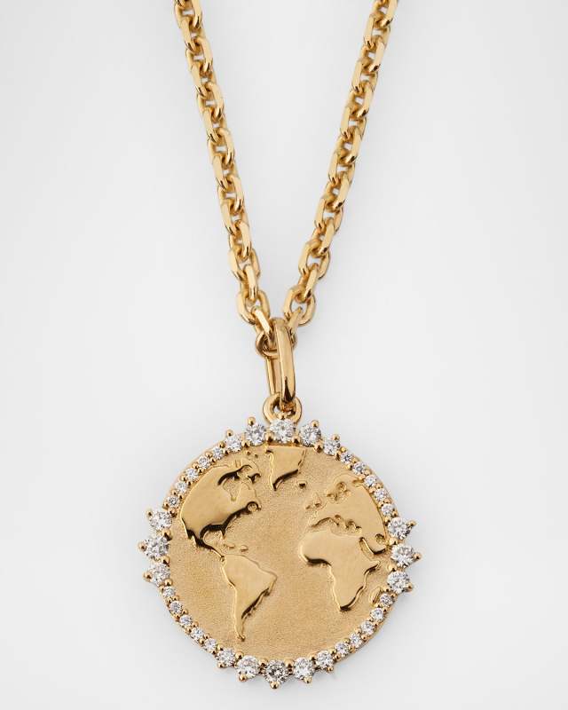14K Yellow Gold Diamond World Traveler Coin Pendant Necklace