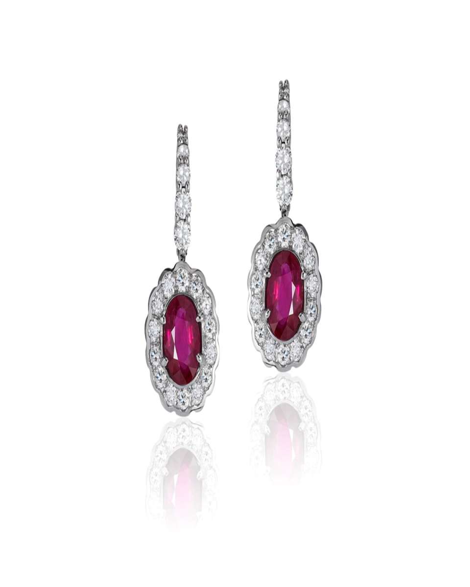 18K White Gold Ruby Oval Drop Earrings with Diamonds