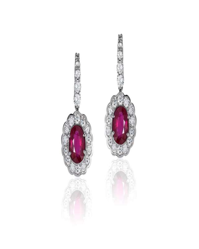 18K White Gold Ruby Oval Drop Earrings with Diamonds