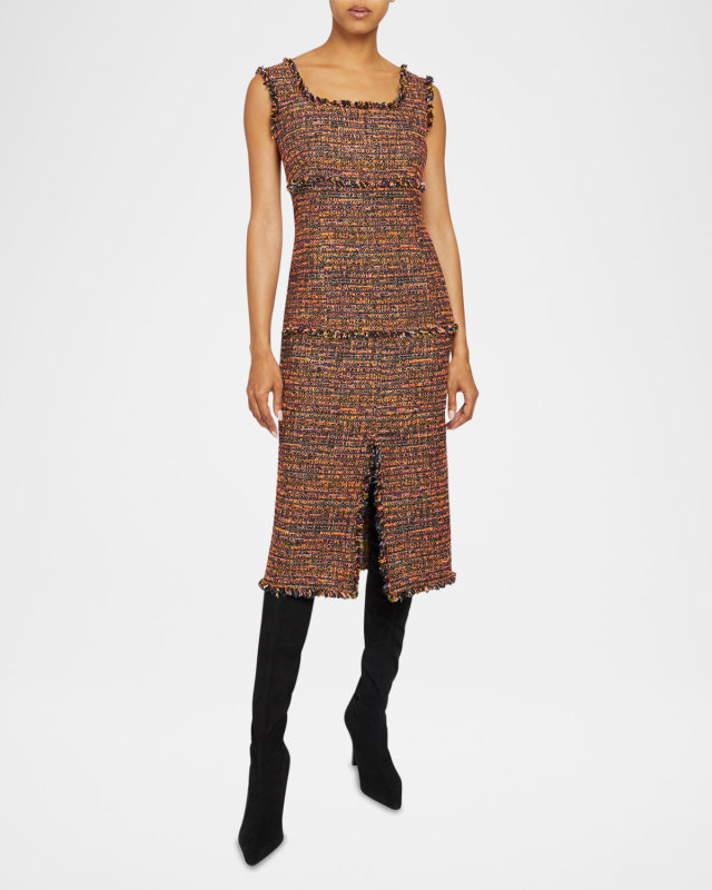 Faye Fringe-Trim Tweed Midi Dress