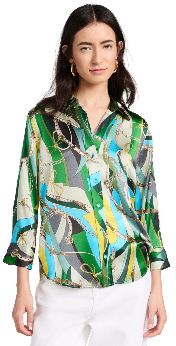 L'AGENCE Dani 3/4 Sleeve Blouse Sea Green Multi Belt Swirl