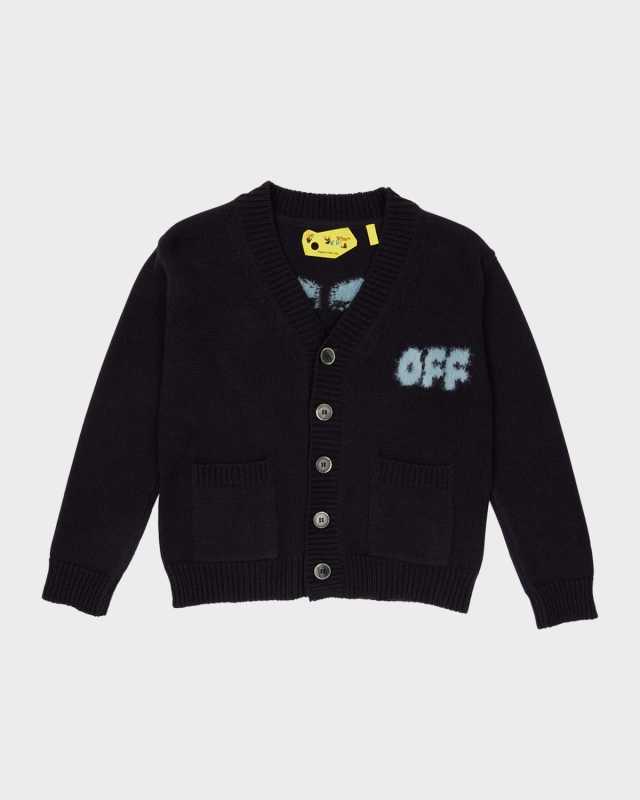 Boy's Faded Logo-Print Chunky Knit Cardigan, Size