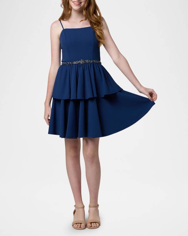 Girl's Tiered Dress W/ Embellished Belt, Size 10-