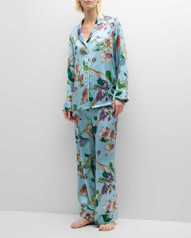 Lila Floral-Print Silk Pajama Set