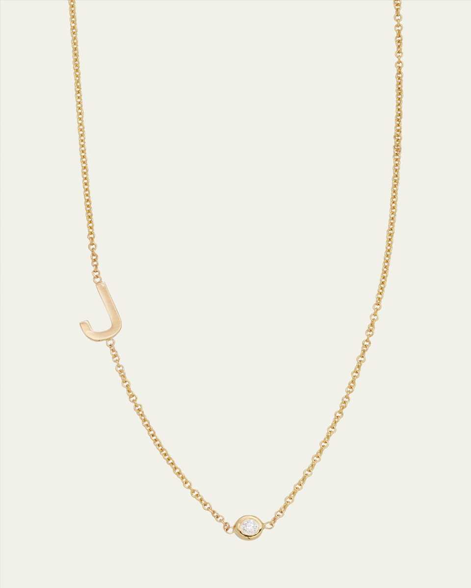 14k Gold Asymmetrical Initial and Bezel Diamond Necklace