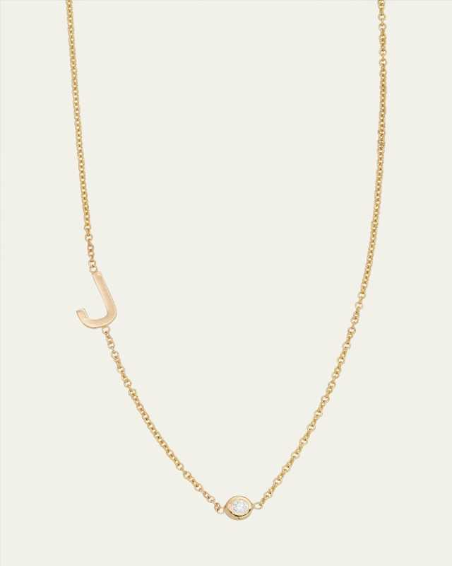 14k Gold Asymmetrical Initial and Bezel Diamond Necklace