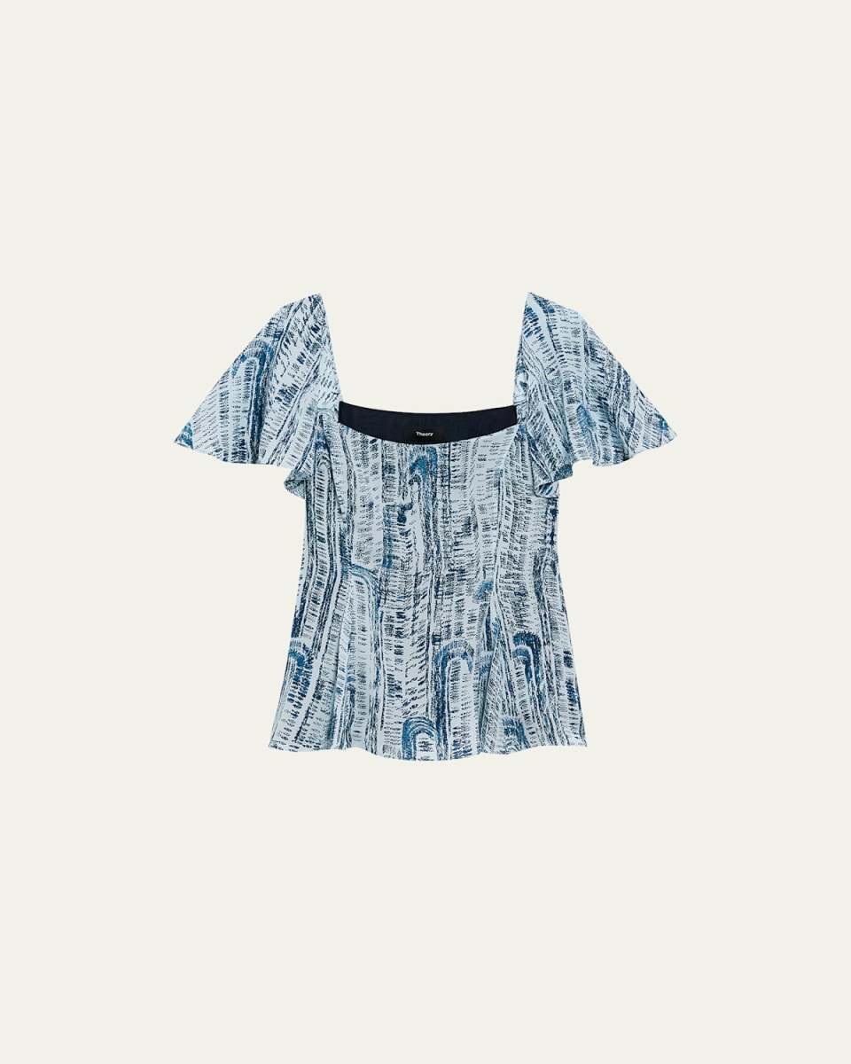Short-Sleeve Godet Printed Silk Top