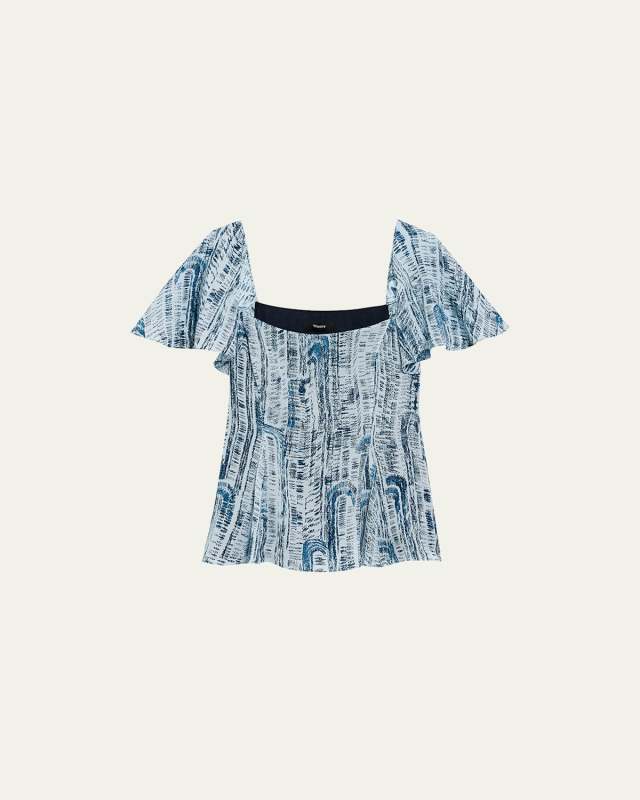 Short-Sleeve Godet Printed Silk Top