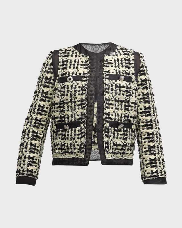 Organza-Trim Metallic Slub Paillette Plaid Knit Jacket