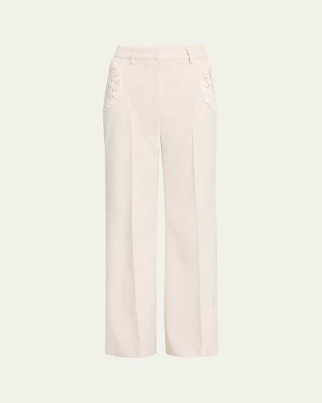 Wool Wide-Leg Pants with Crochet Detail
