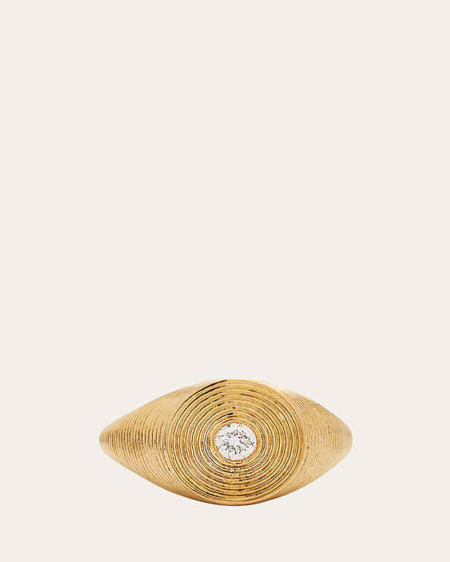 14K Gold Round Diamond Fluted Signet Ring