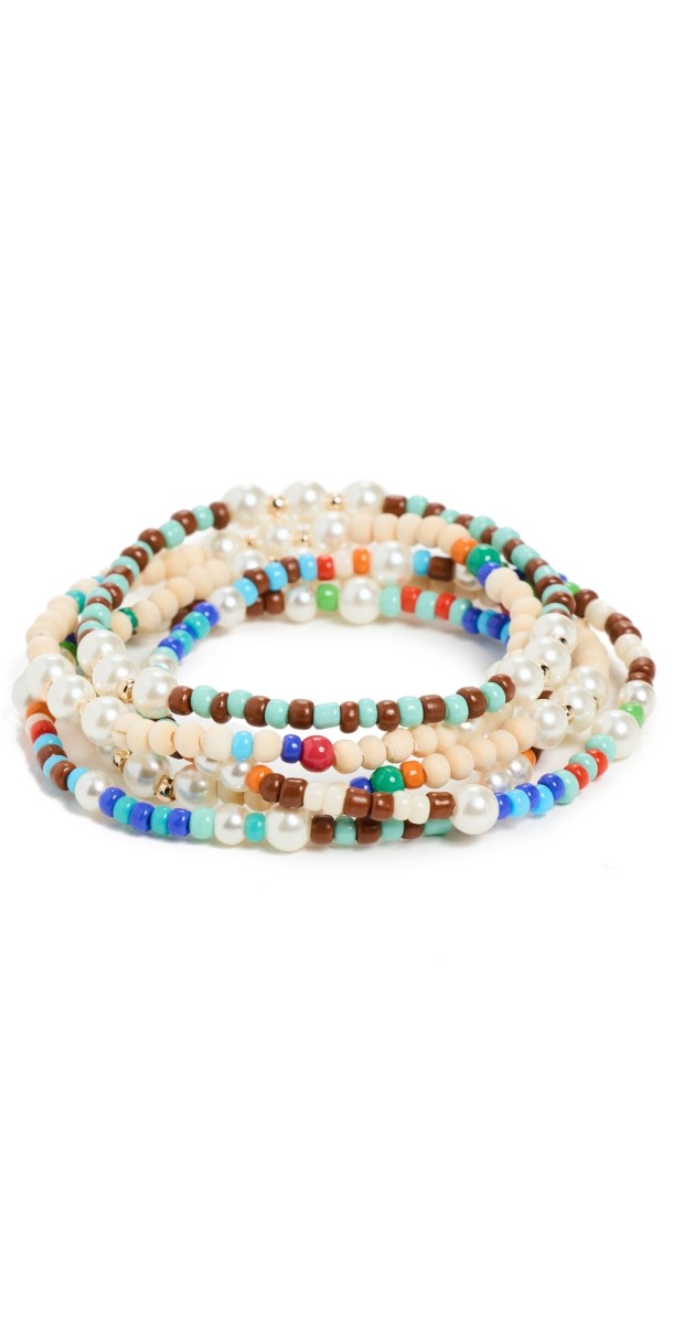 Roxanne Assoulin Mixed Stripe Pearl and Seed Bead Stretch Bracelet Set Blue Multi