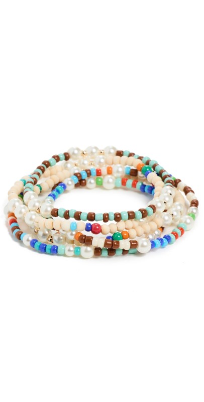 Roxanne Assoulin Mixed Stripe Pearl and Seed Bead Stretch Bracelet Set Blue Multi