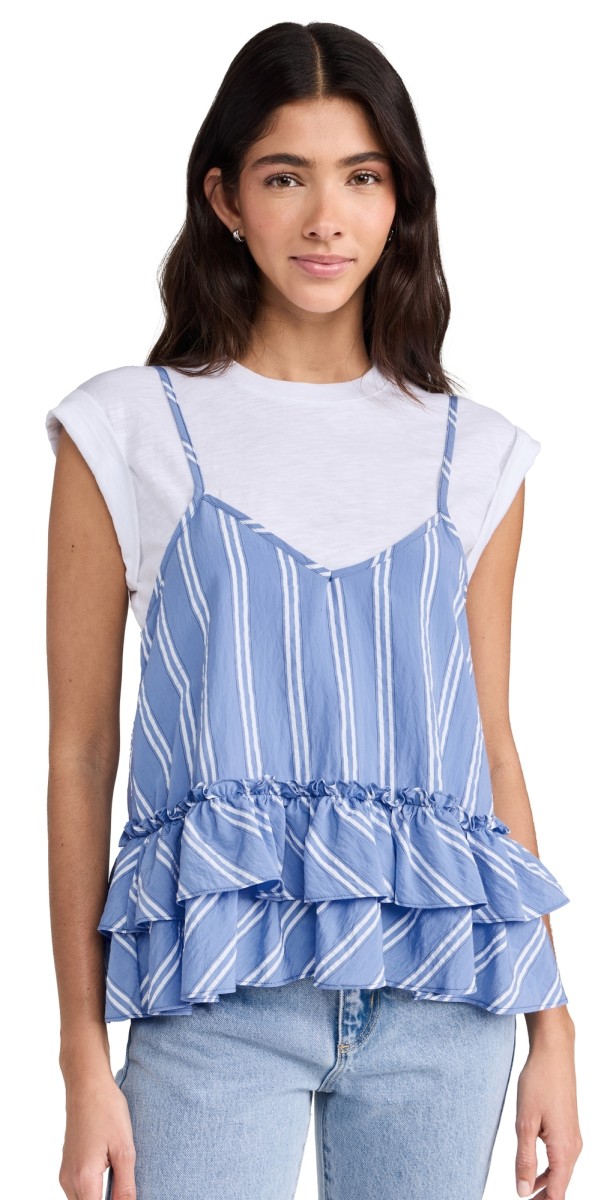 Cinq à Sept Seersucker Stripe Samantha Top White/Oxford Blue