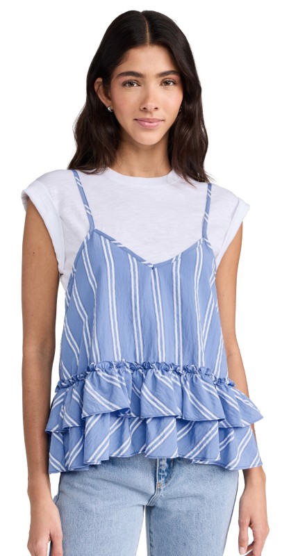 Cinq à Sept Seersucker Stripe Samantha Top White/Oxford Blue