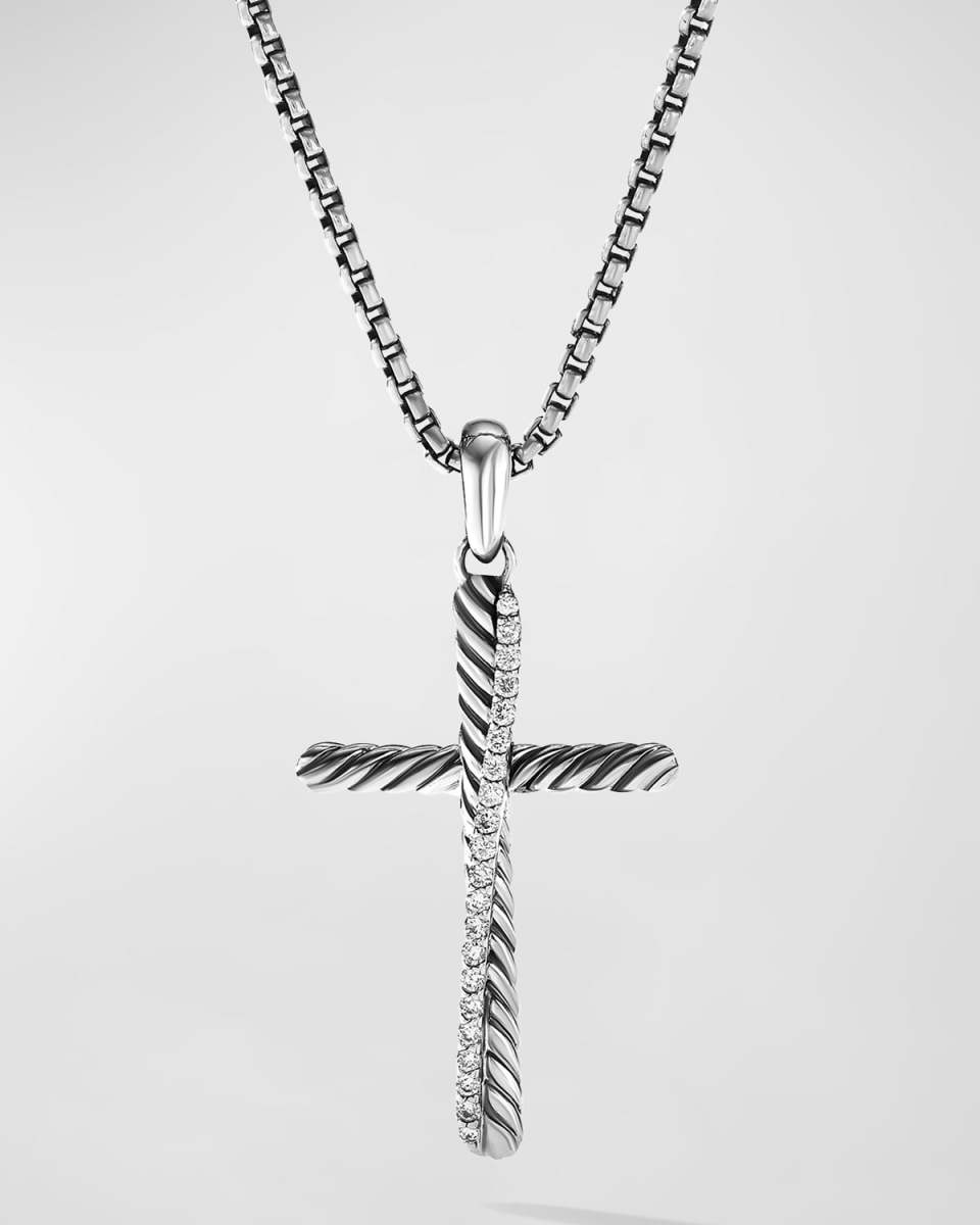Crossover Cross Pendant with Diamonds in Silver, 34mm