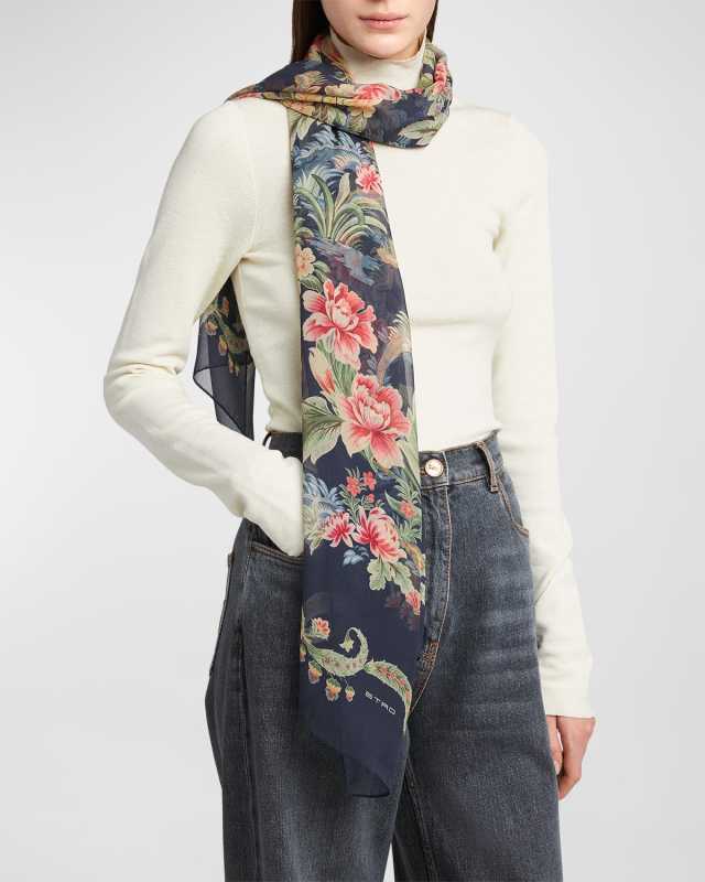 Sheer Floral Print Silk Scarf